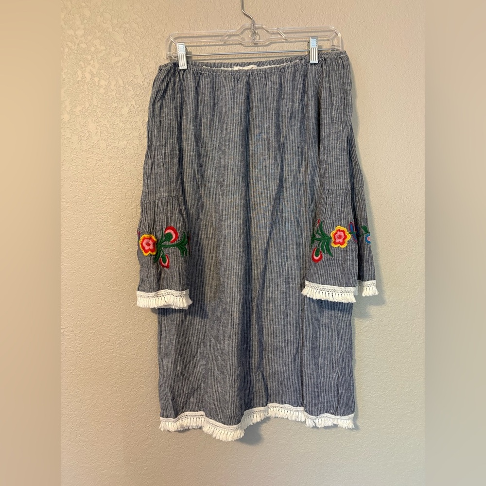 Off the Shoulder Blue Dress - Pinstripes with Colorful Floral Embroidery
